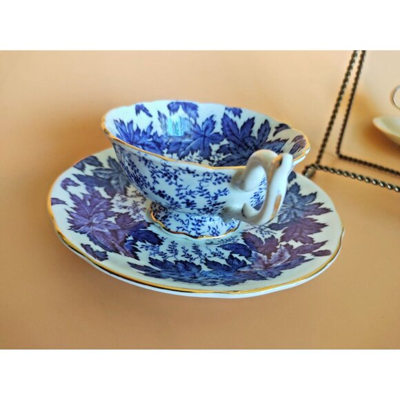 Coalport Hand Painted Tea Cup & Saucer Set Cobalt Blue Maple Leaf 1930's - Picture 9 of 15
